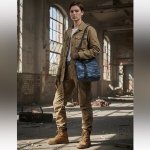 G.I.L.I. Black Leather Blue Camo Fabric Tote Shoulder Bag Handbag